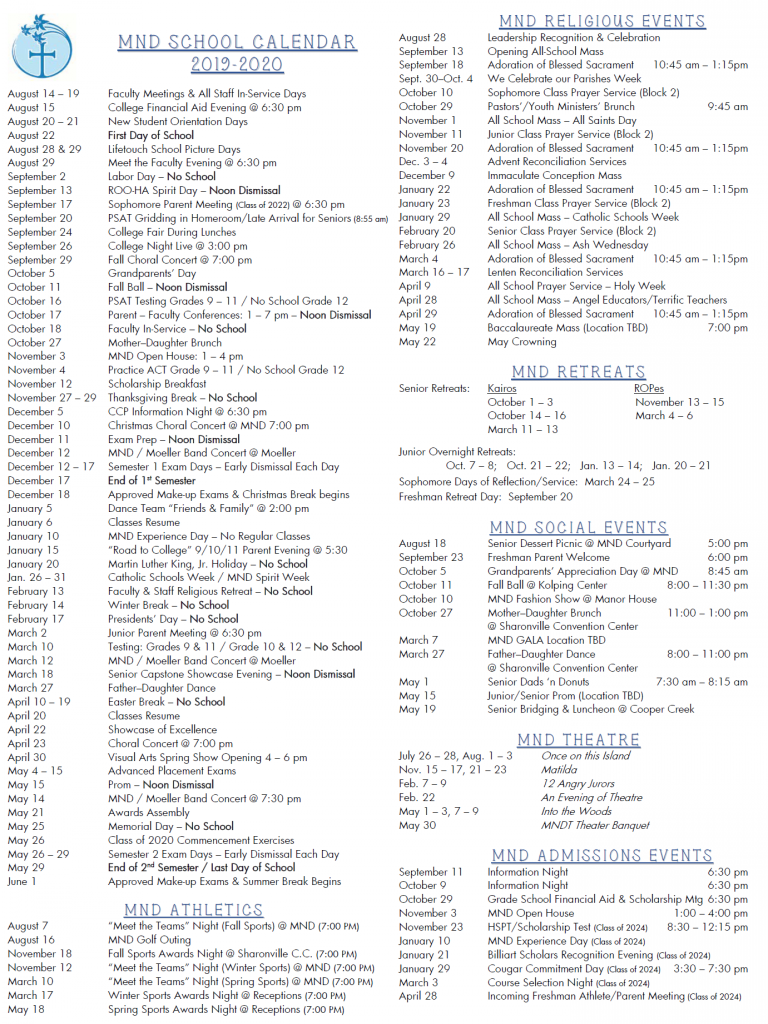 School Calendar with Activities Mount Notre Dame High School
