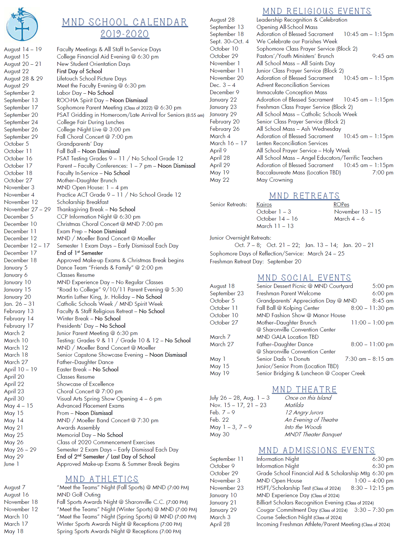 Notre Dame Calendar 2022 School Calendar With Activities - Mount Notre Dame High School