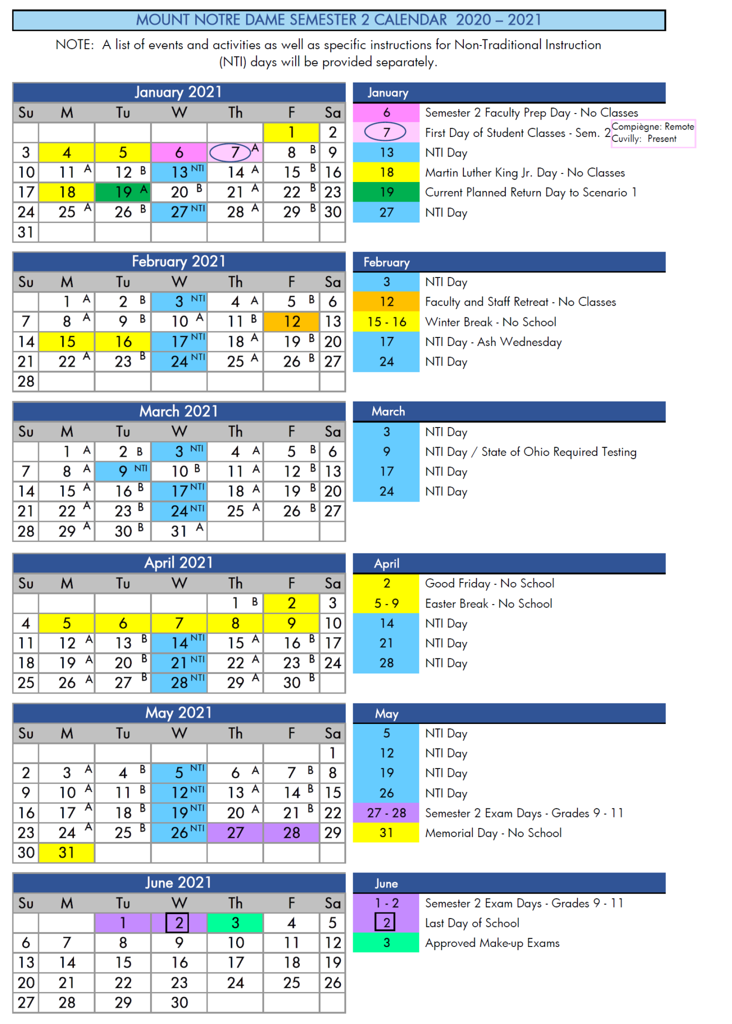 Calendar20202021Sem2 Mount Notre Dame High School