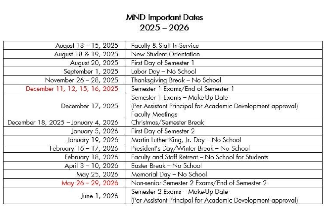 MND Important Dates Calendar